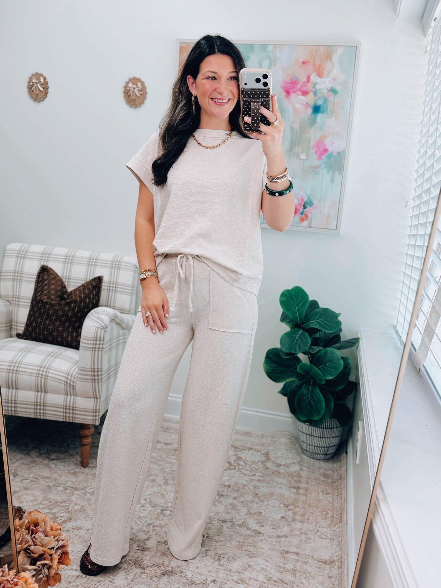 Sand Beige Textured Knit Pants Set