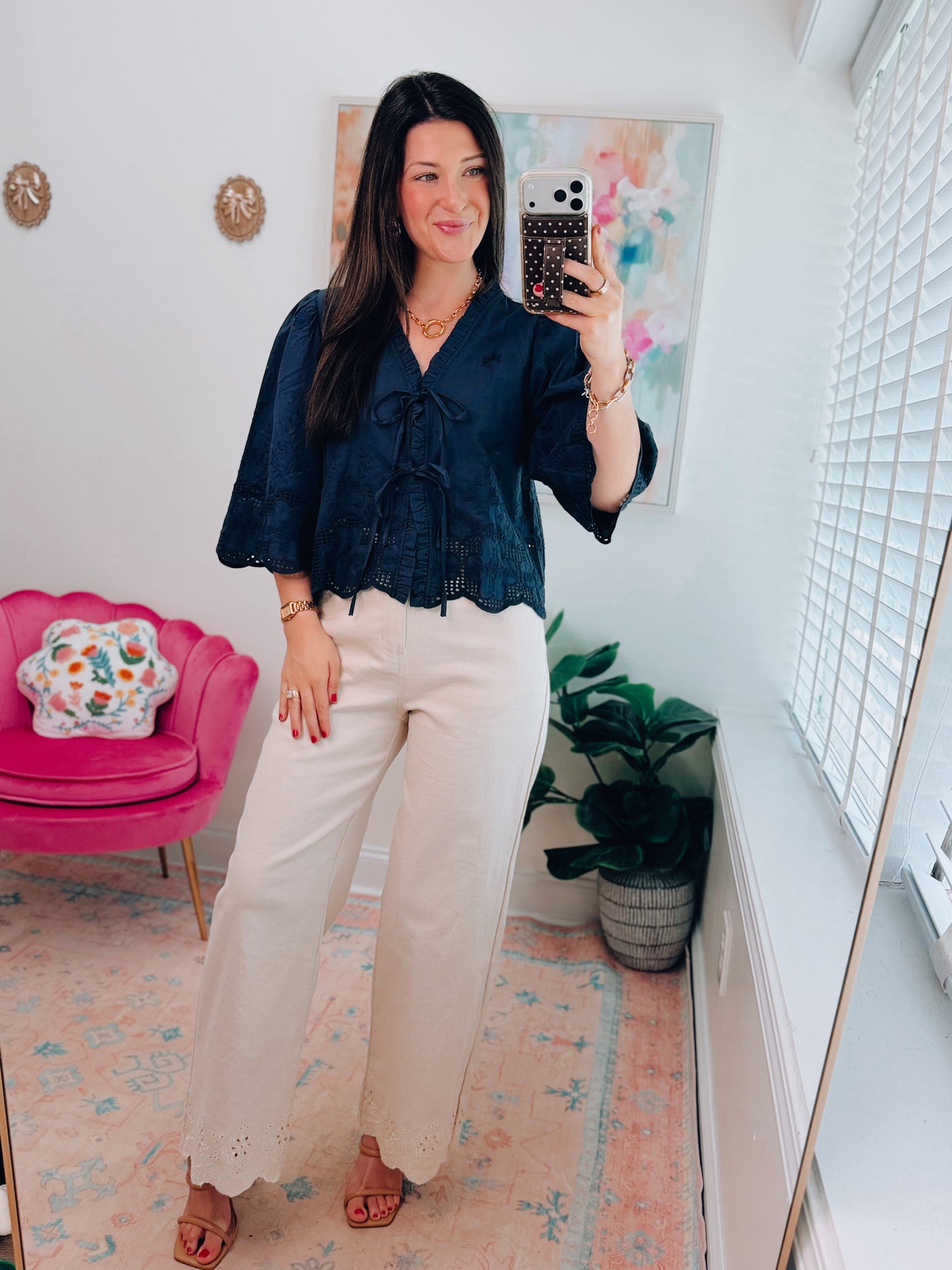 Navy Eyelet Tie Top