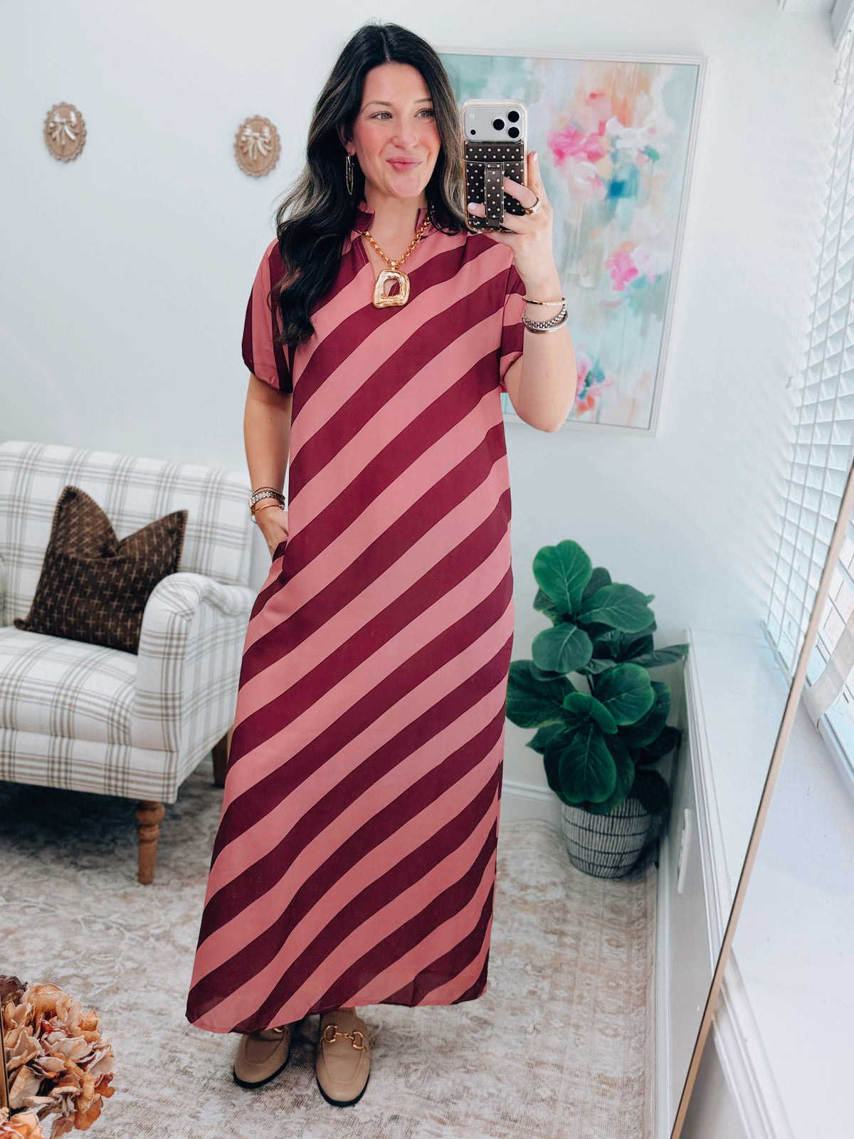 Cranberry Stripe Puff Sleeve Midi Dress