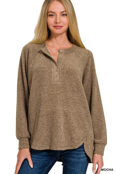 CURVY Button Brushed Sweater - Mocha