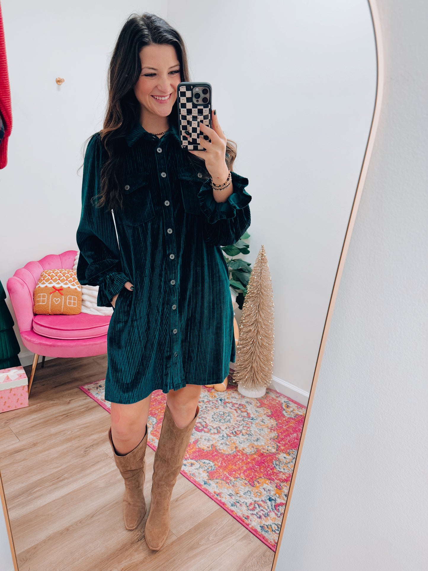 CURVY Velvet Glam Corded Button Mini Dress