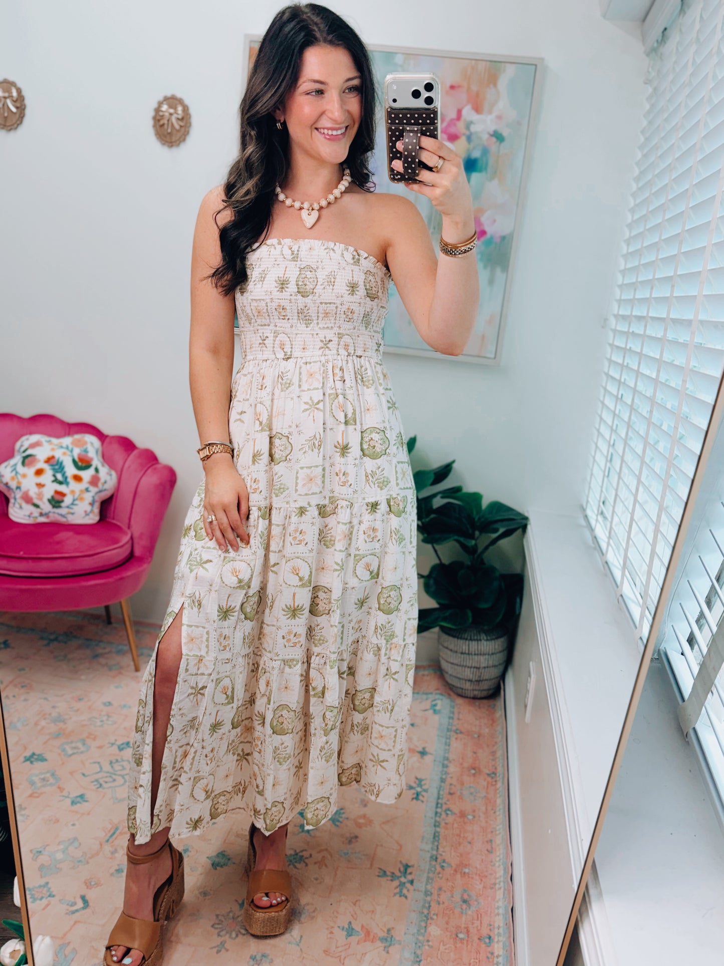 Smocked Palm Mix Midi Dress