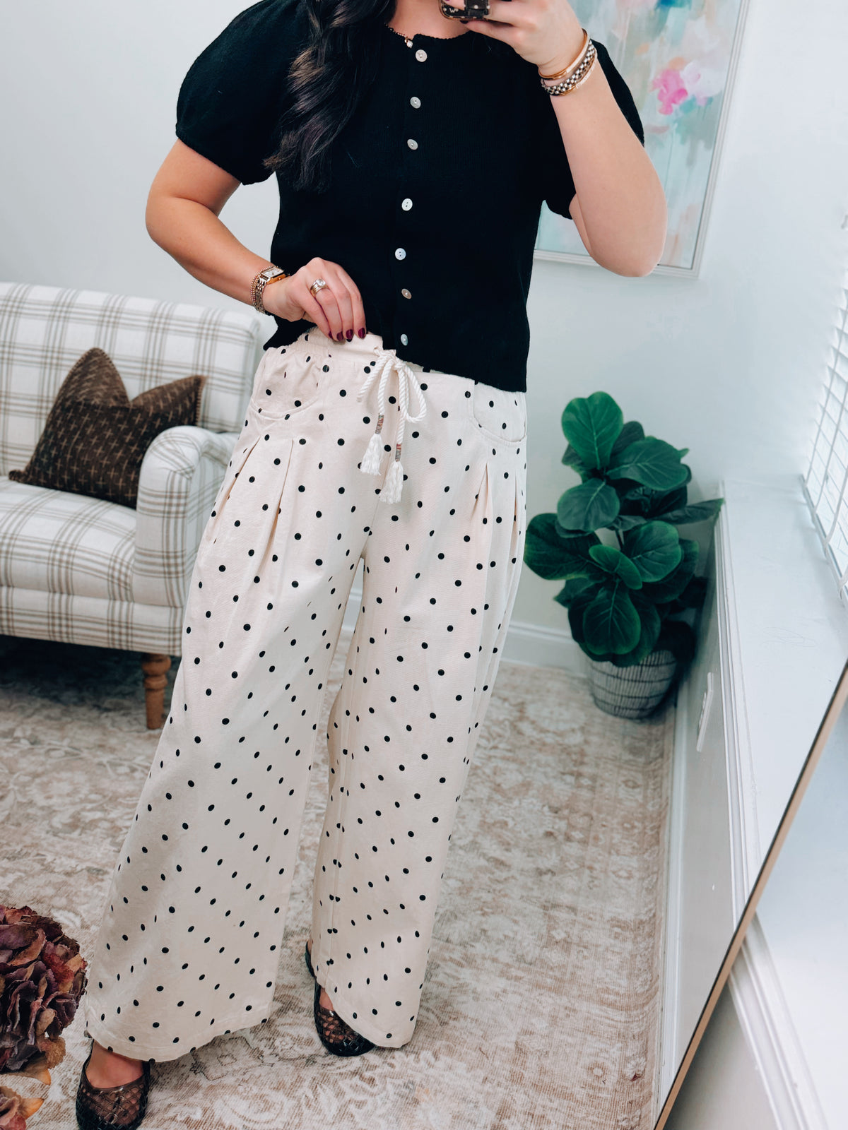 Pleated Polka Dot Wide Leg Pants