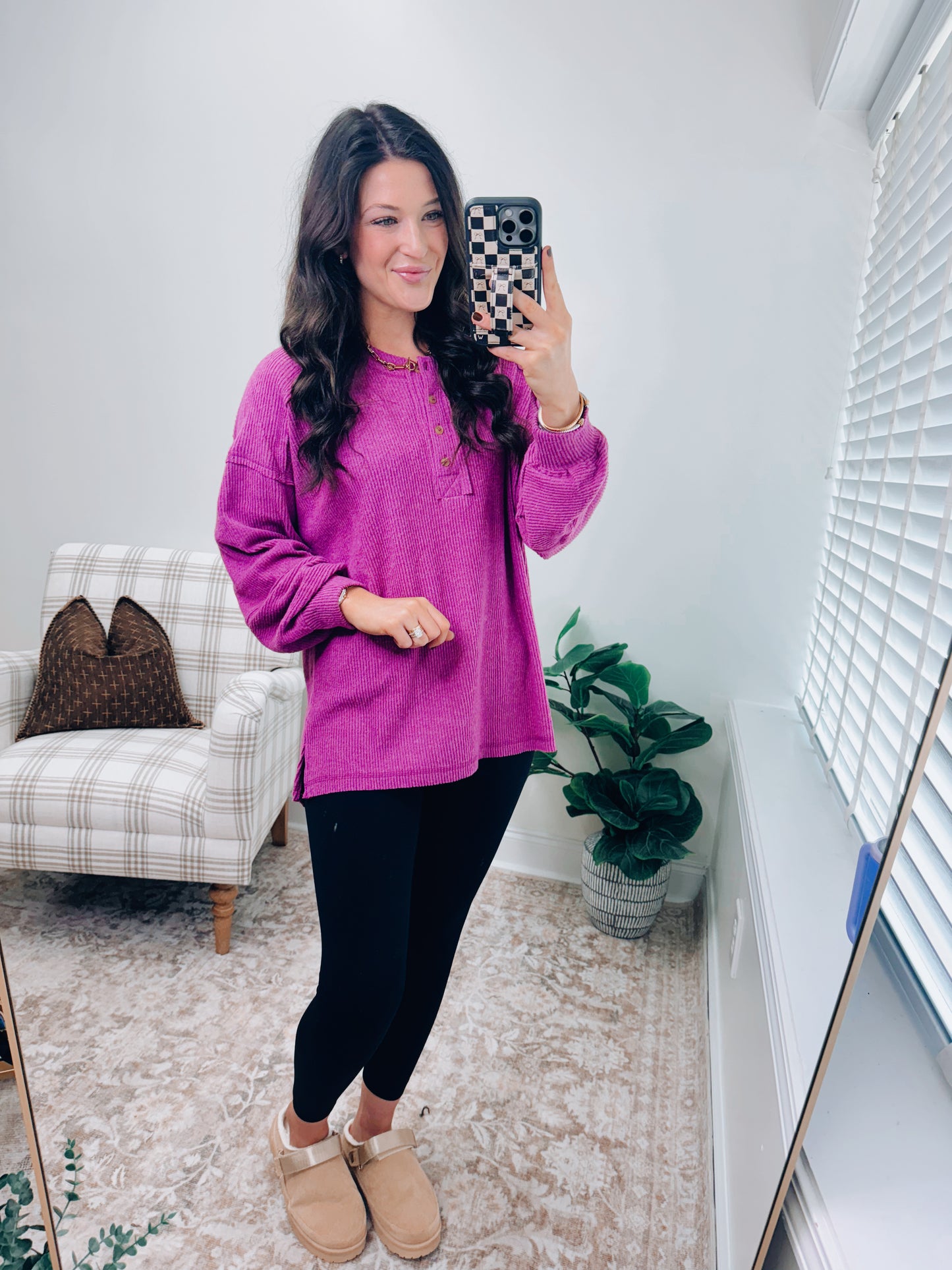 DOORBUSTER Button Brushed Ribbed Sweater - Plum