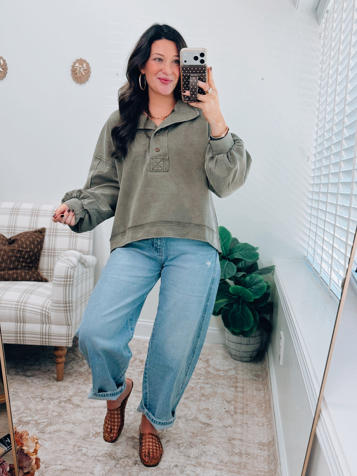 Olive Suede Button Oversized Top