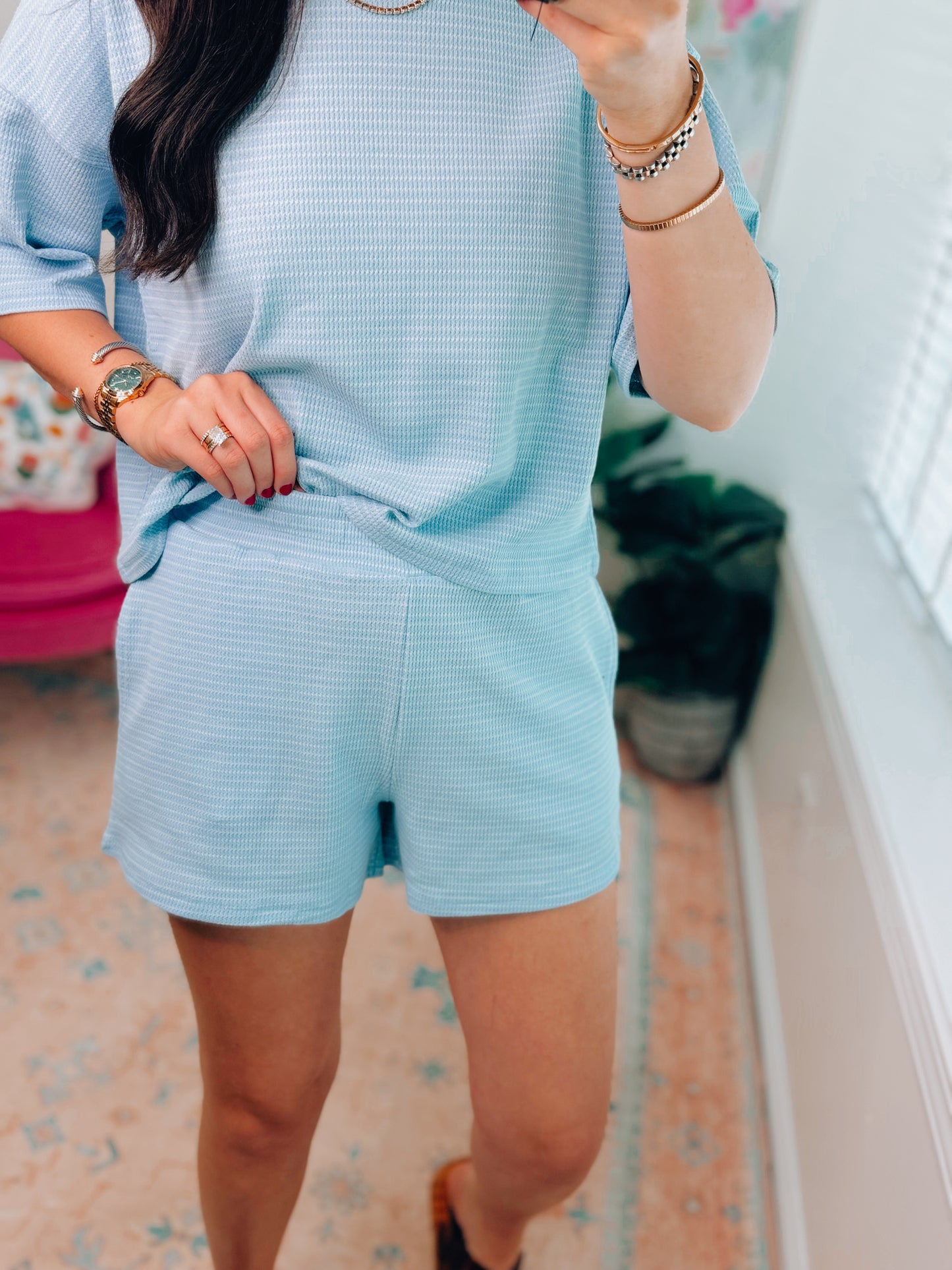 Seafoam Stripe Knit Shorts Set
