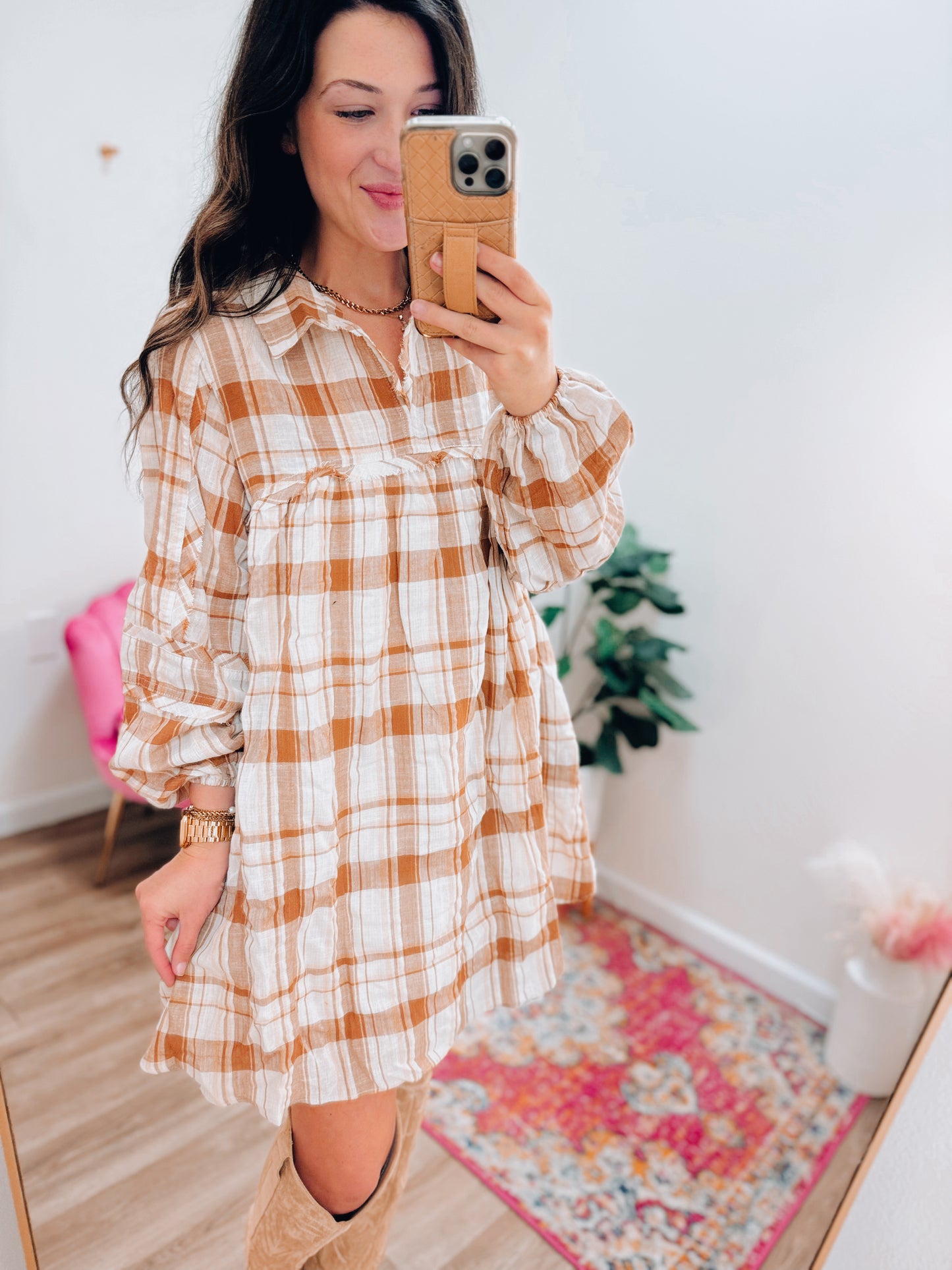 Brown Plaid Flannel Mini Dress