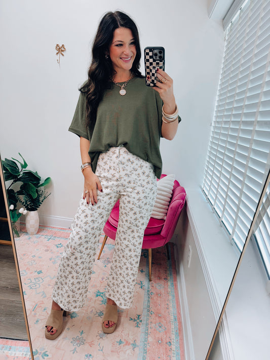 Ditsy Floral Front Pocket Wide Leg Denim
