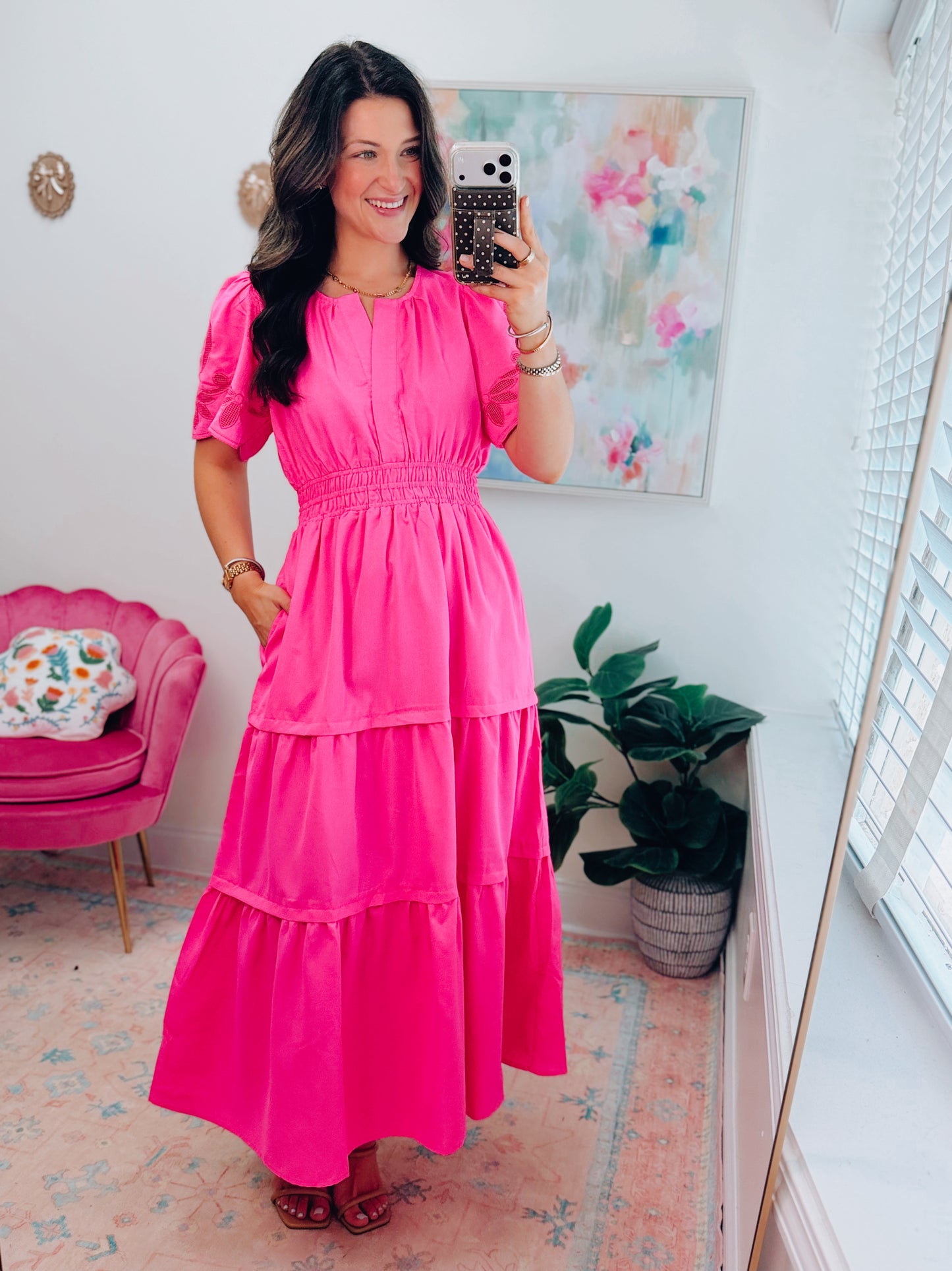 Soleil Hot Pink Smocked Tiered Midi Dress