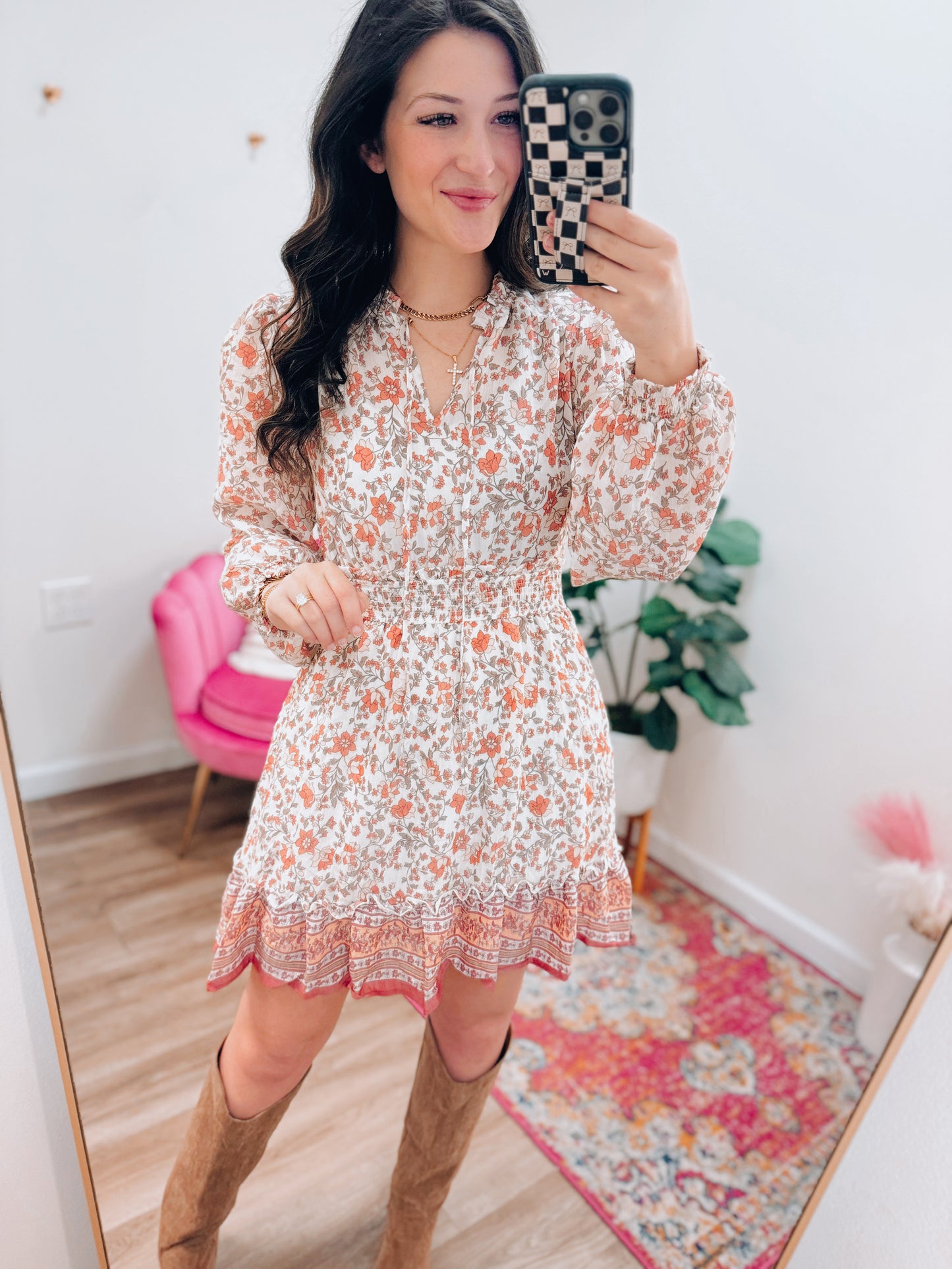 Floral Border Smocked Mini Dress