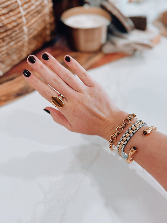 18k Gold Plated Brown Inlay Staple Ring