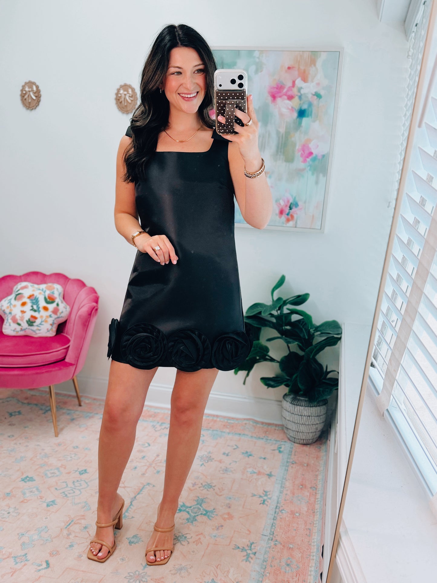 Rosette Satin Black Mini Dress