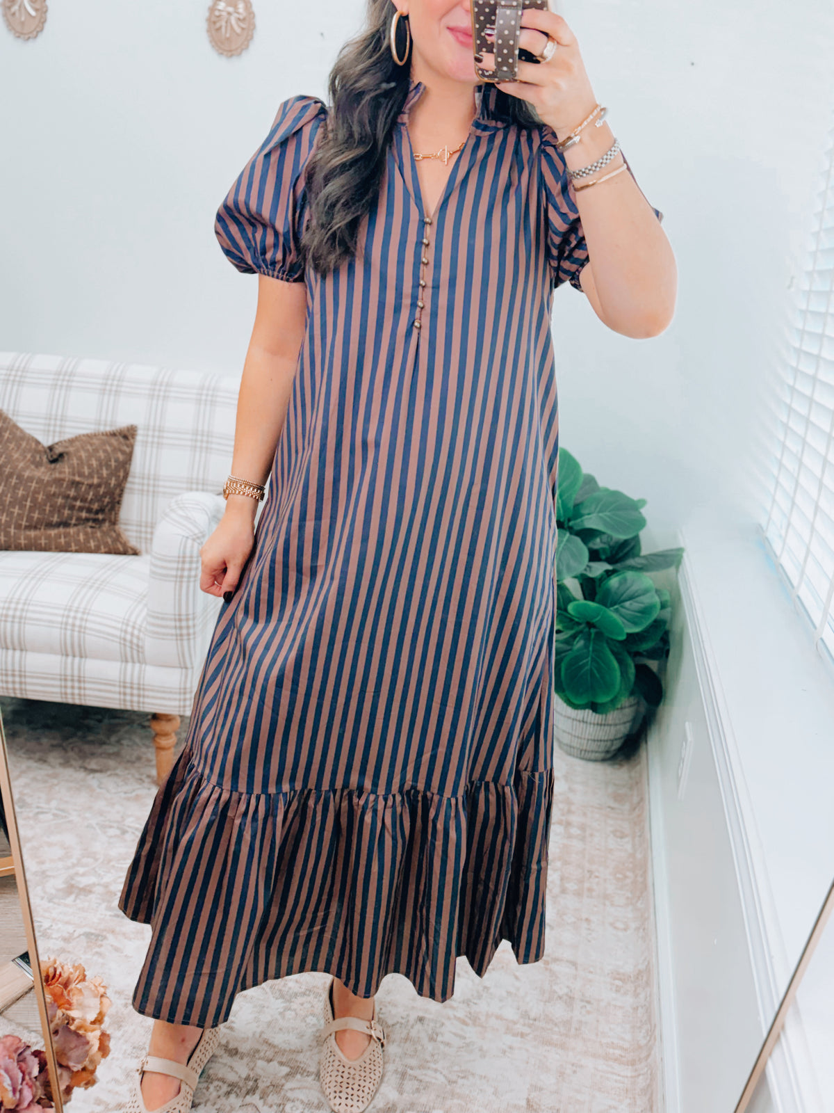 Mocha Navy Striped Button Midi Dress