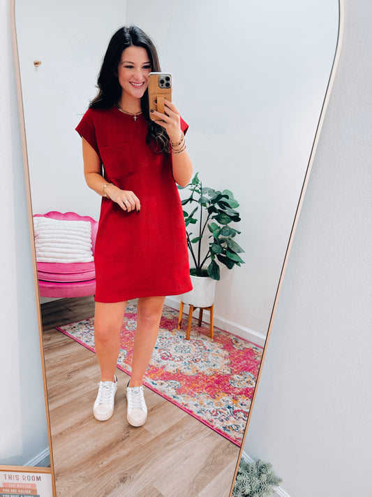 Sammi Textured Pocket Tee Dress - Red