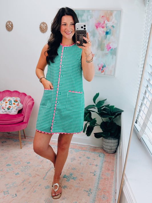 Southern Gingham Pink Scallop Mini Dress