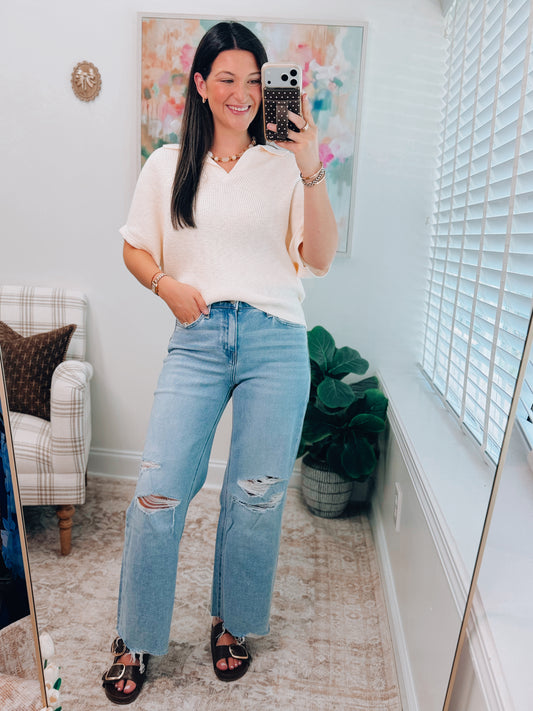 Roy HR Distressed Wide-Leg Denim
