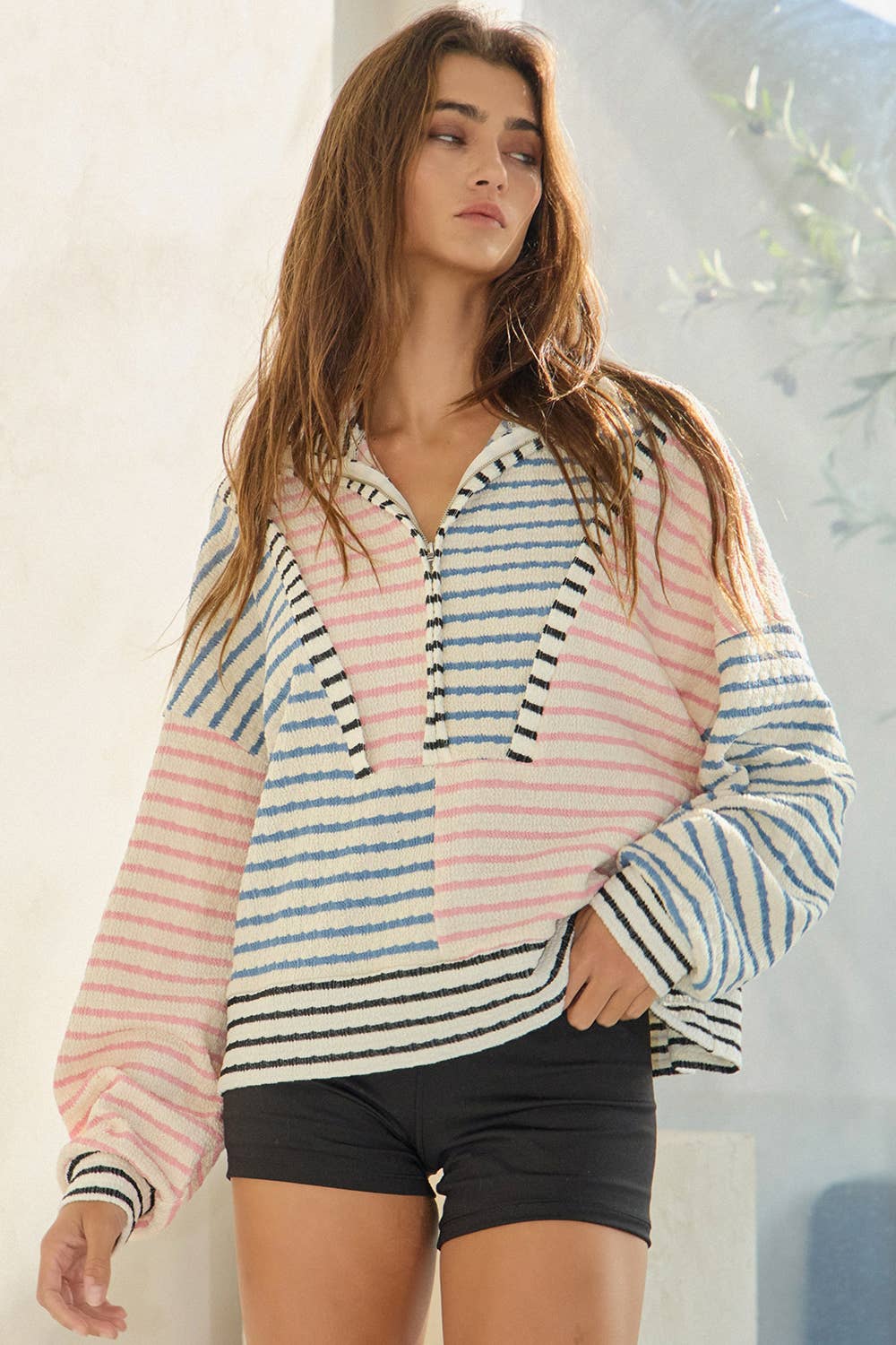 Oversized Funnel Zip Striped Top