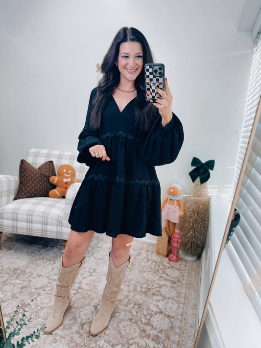 Black Scallop Trim Mini Dress