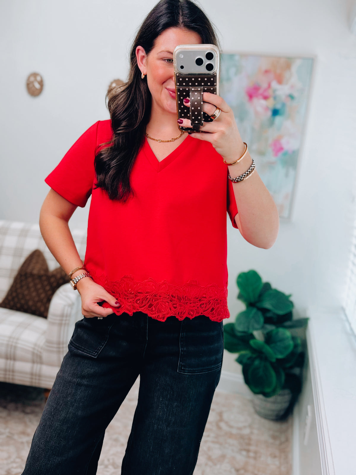 Red Lace Trim V-Neck Top
