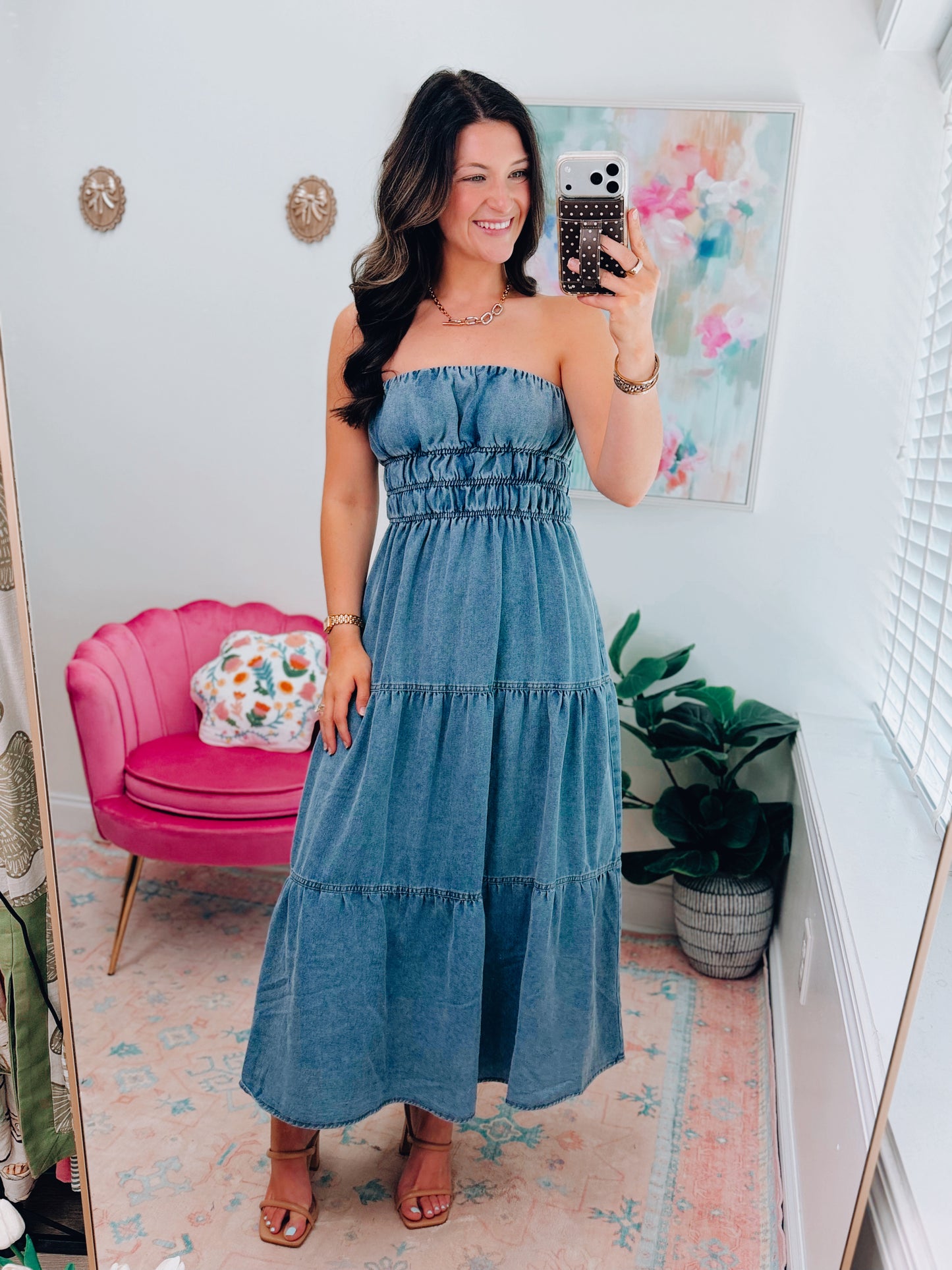 Strapless Shirred Denim Midi Dress