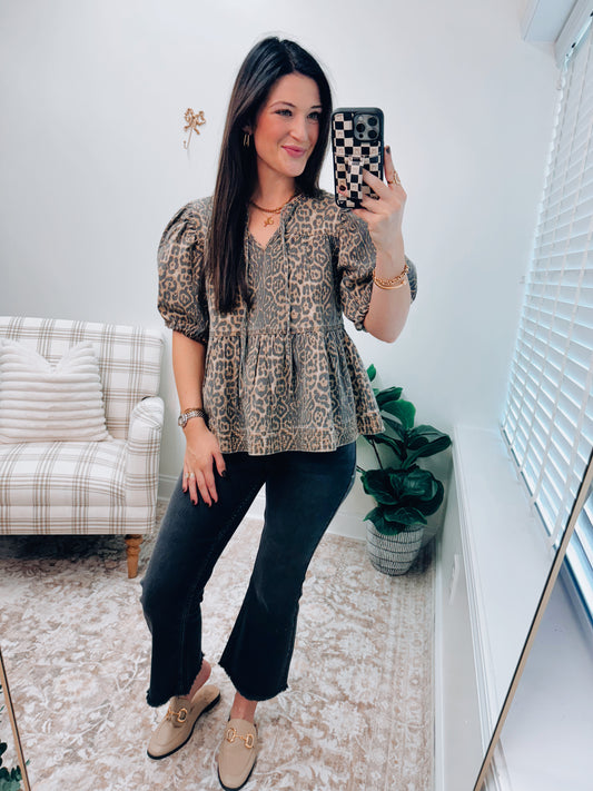 Leopard Denim Babydoll Top