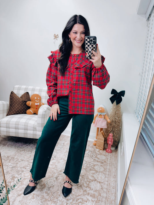 Christmas Plaid Button Ruffle Top