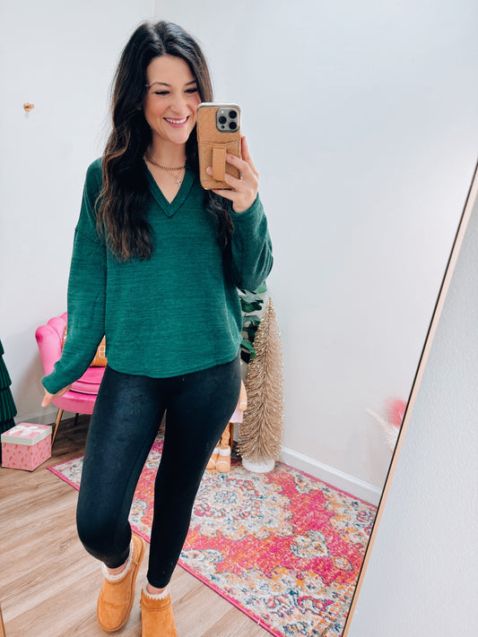 Notch Neck Knit Sweater Top - Green