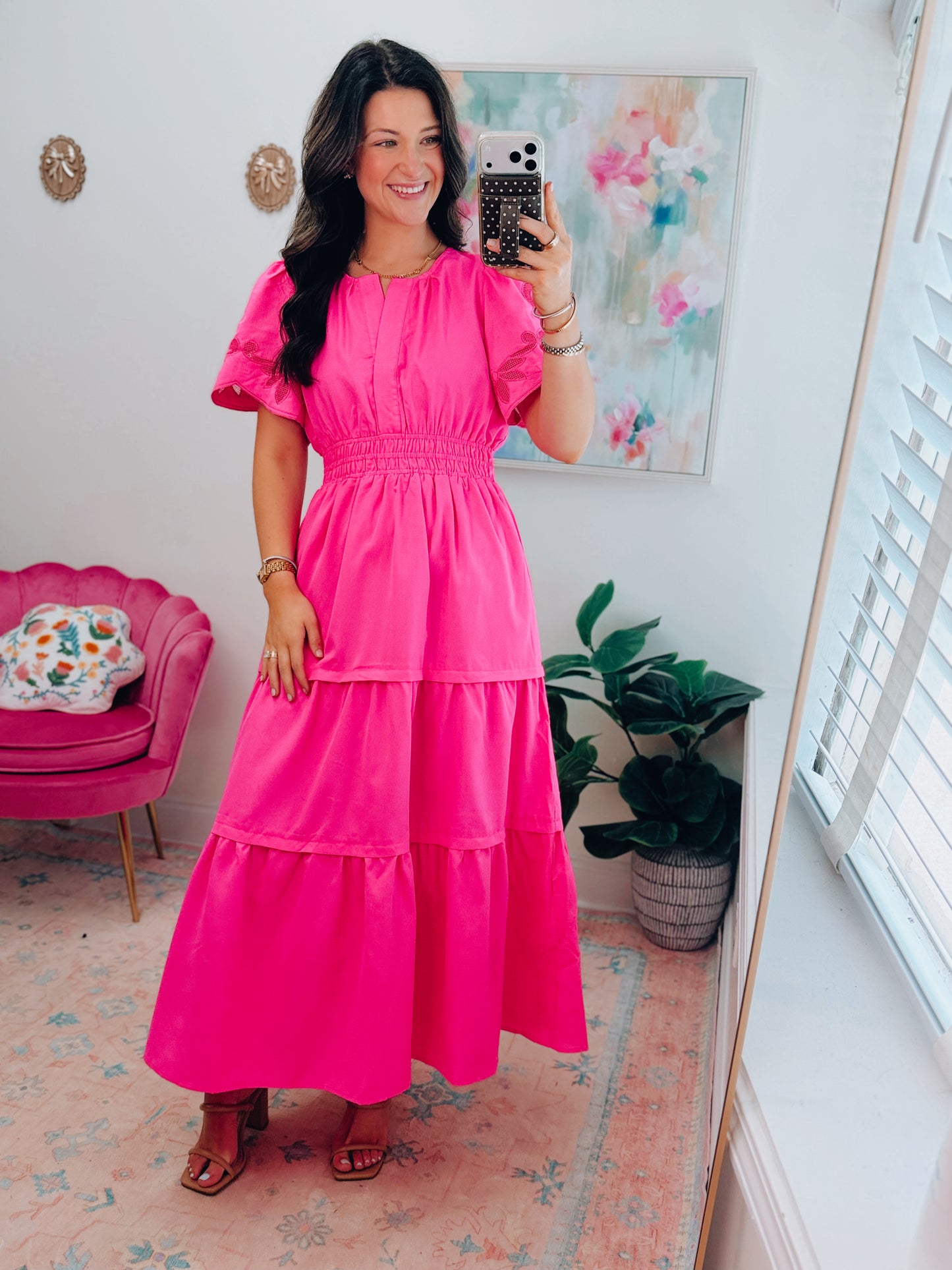 Soleil Hot Pink Smocked Tiered Midi Dress