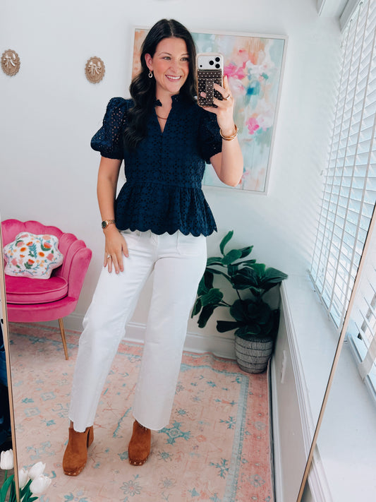 Simply Grace Eyelet Top - Navy