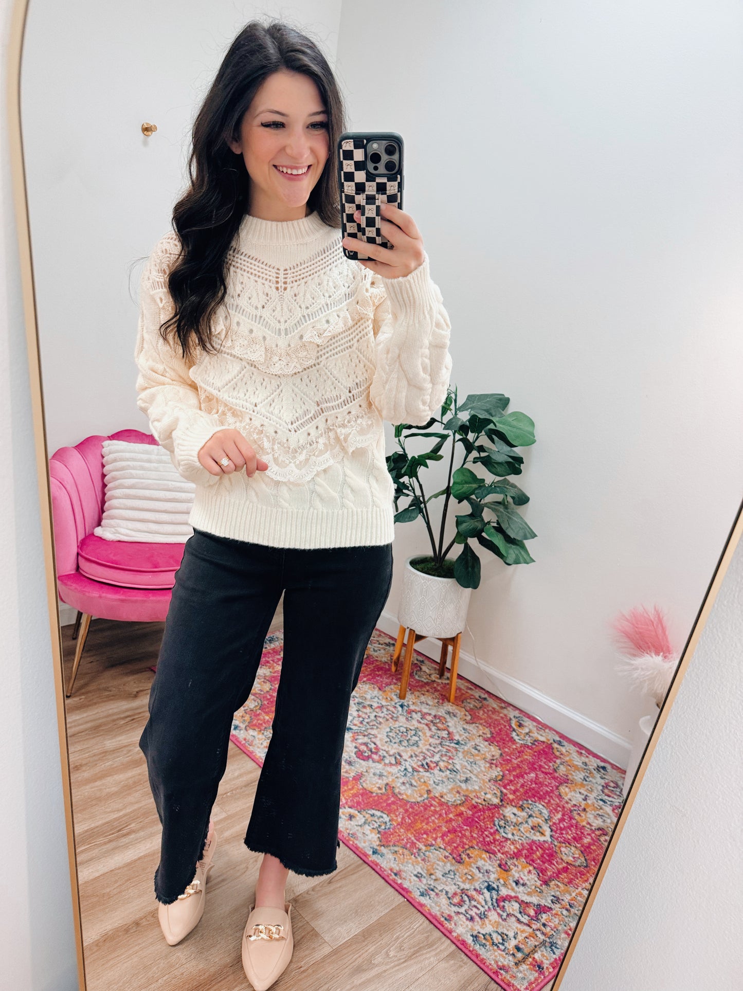 Lace Trim Pointelle Sweater