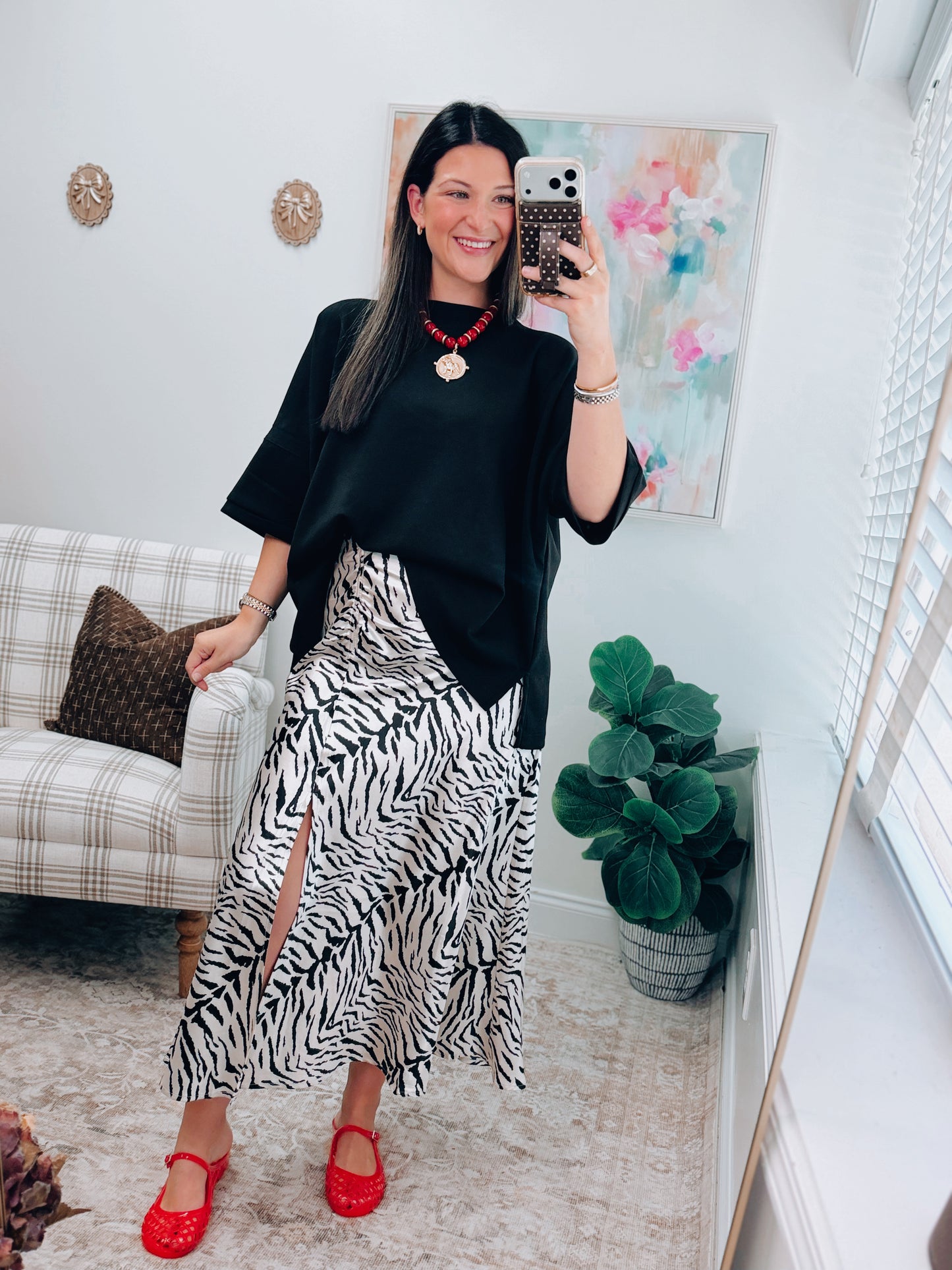 Zebra Satin Midi Rouche Skirt