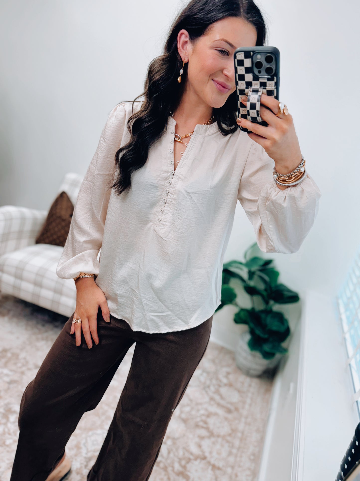 Champagne Satin Button Top