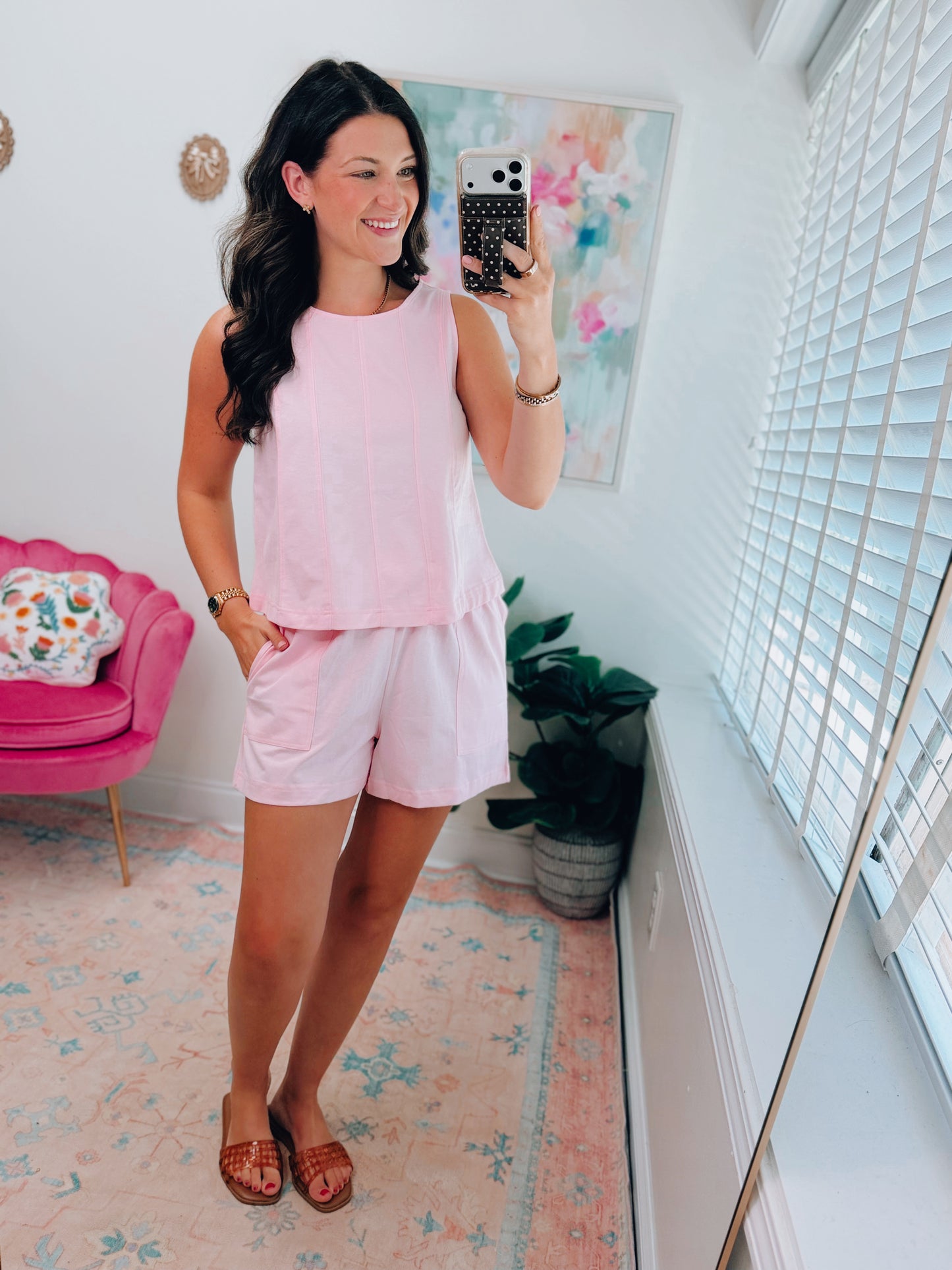 Pink Stitched Cotton Shorts Set
