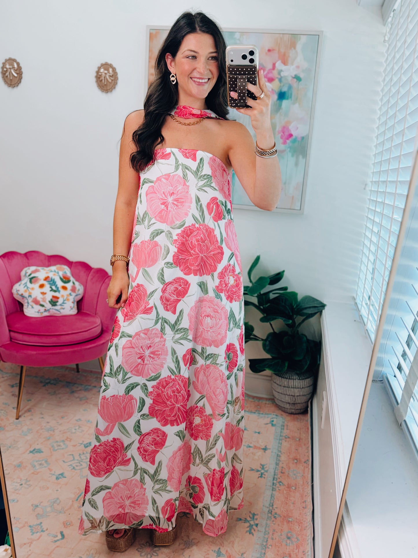 Strapless Pink Floral Maxi Scarf Dress