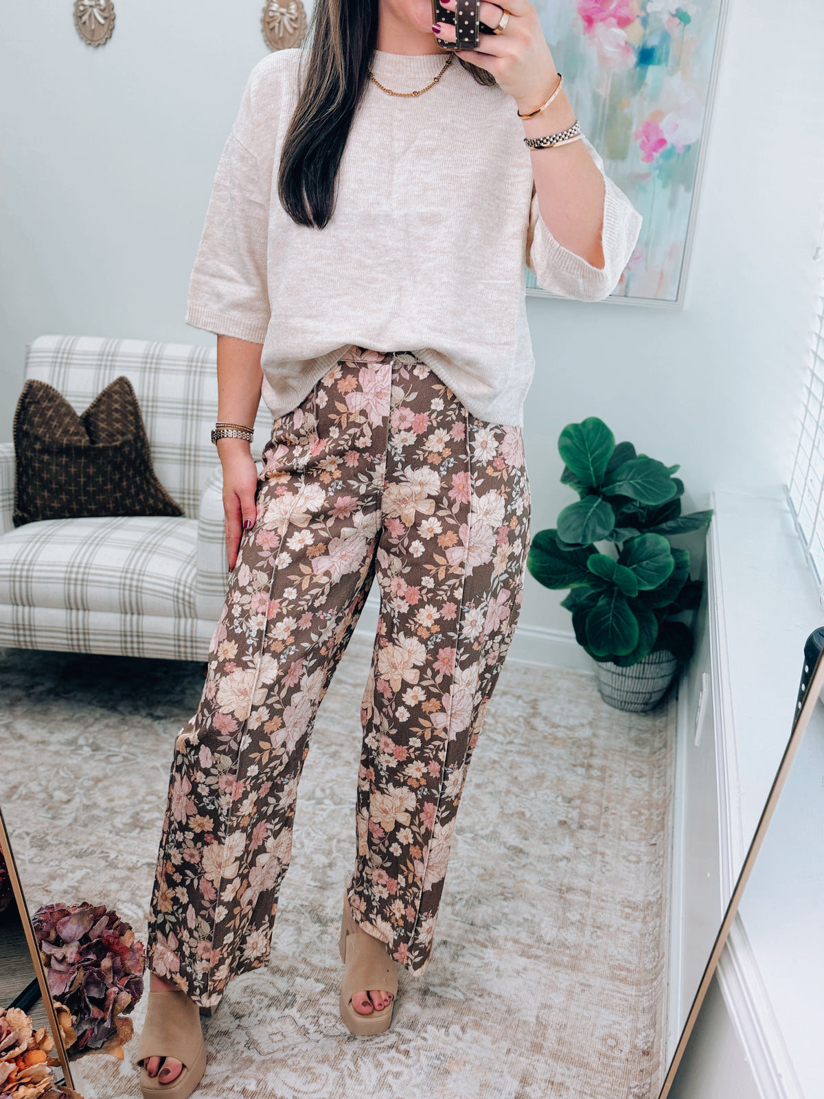 Oak Floral Wide-Leg Pleated Denim