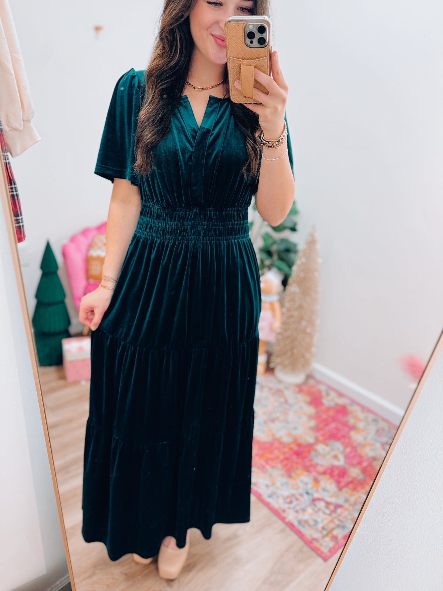 Deep Green Velvet Smocked Maxi