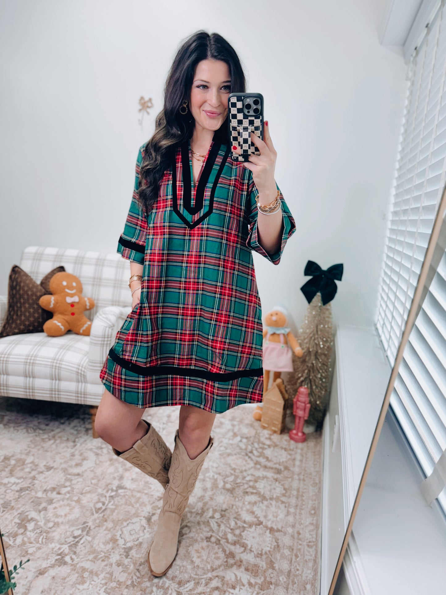 Velvet Green Plaid Mini Dress