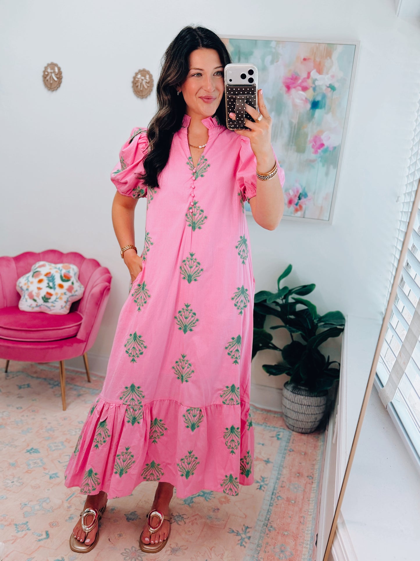 Camille Embroidered Midi Dress - Pink