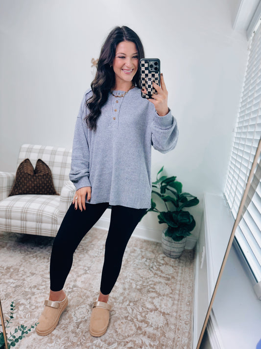 DOORBUSTER Button Brushed Ribbed Sweater - Gray