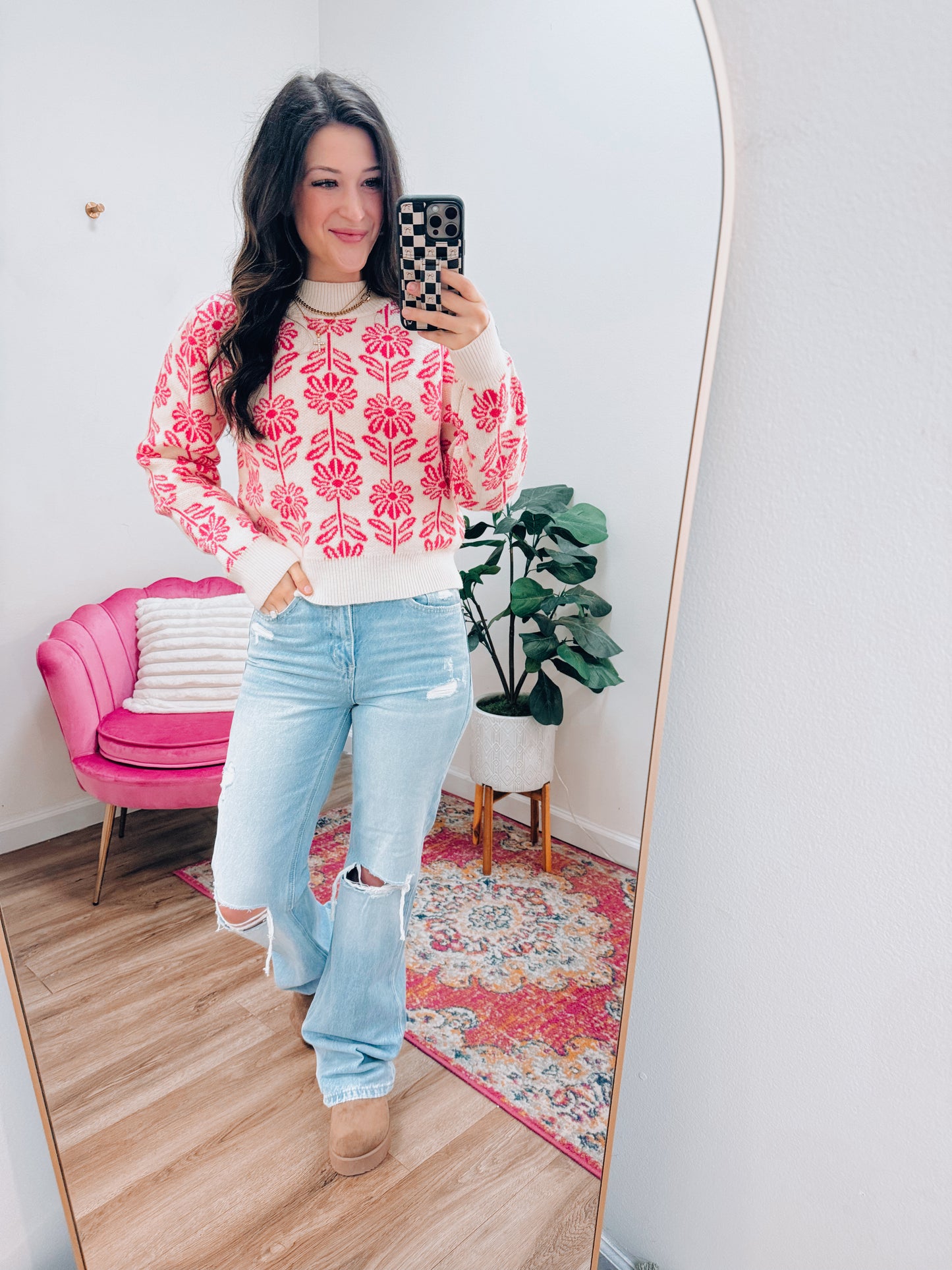 Electric Pink Floral Knit Sweater