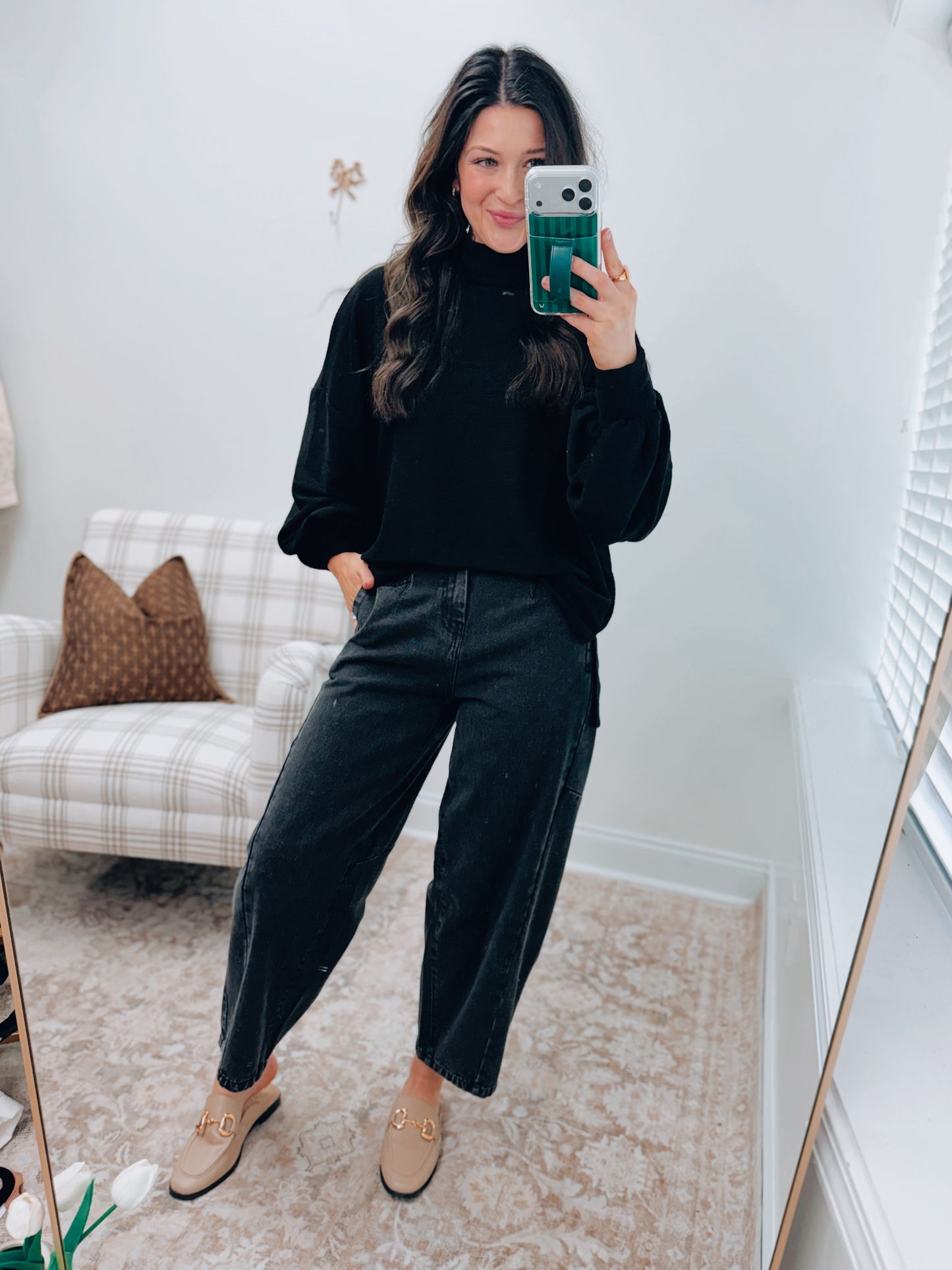 Black Ribbed Mock Neck Balloon Sweater