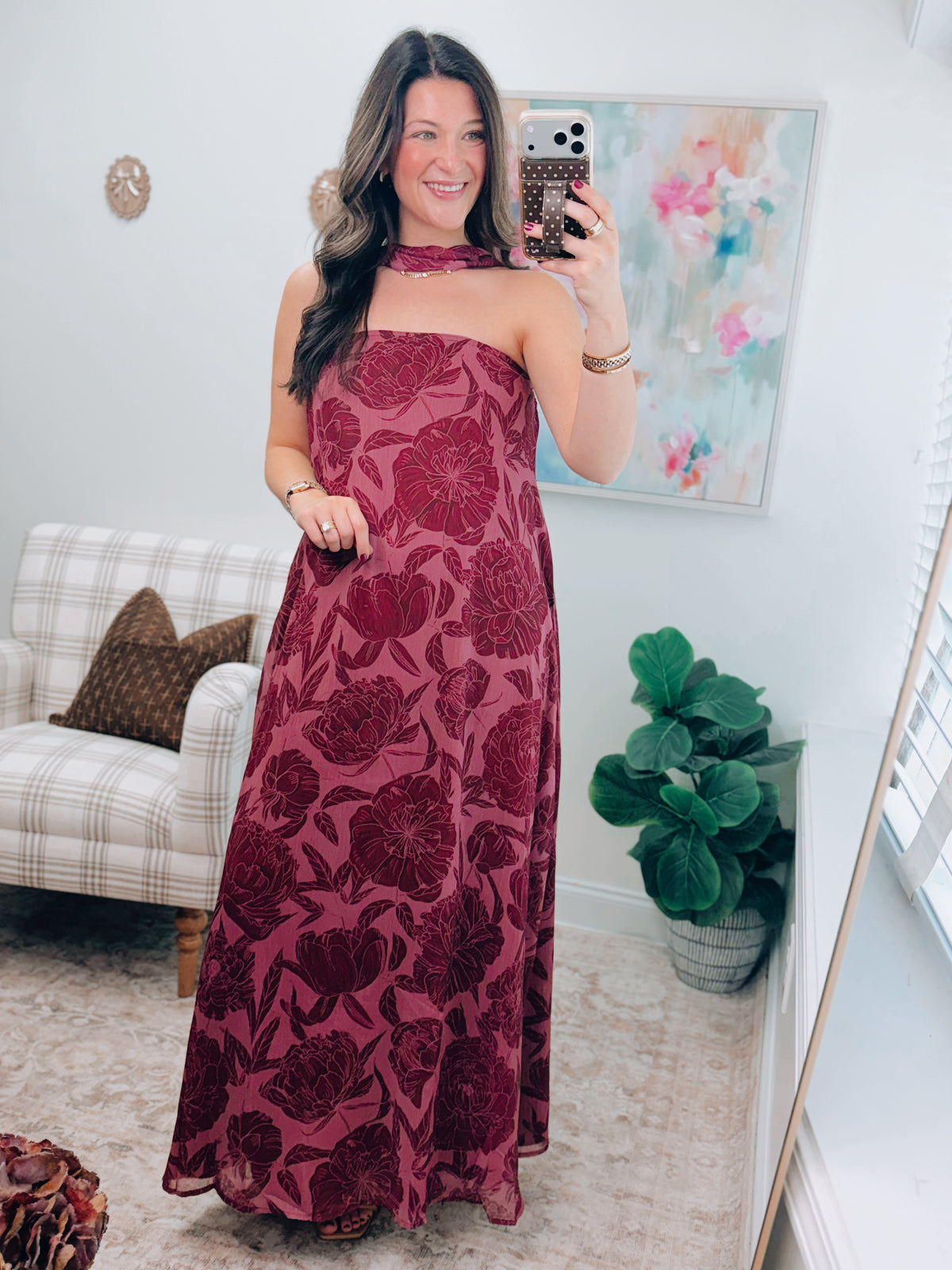 Wine Floral Scarf Maxi Dress