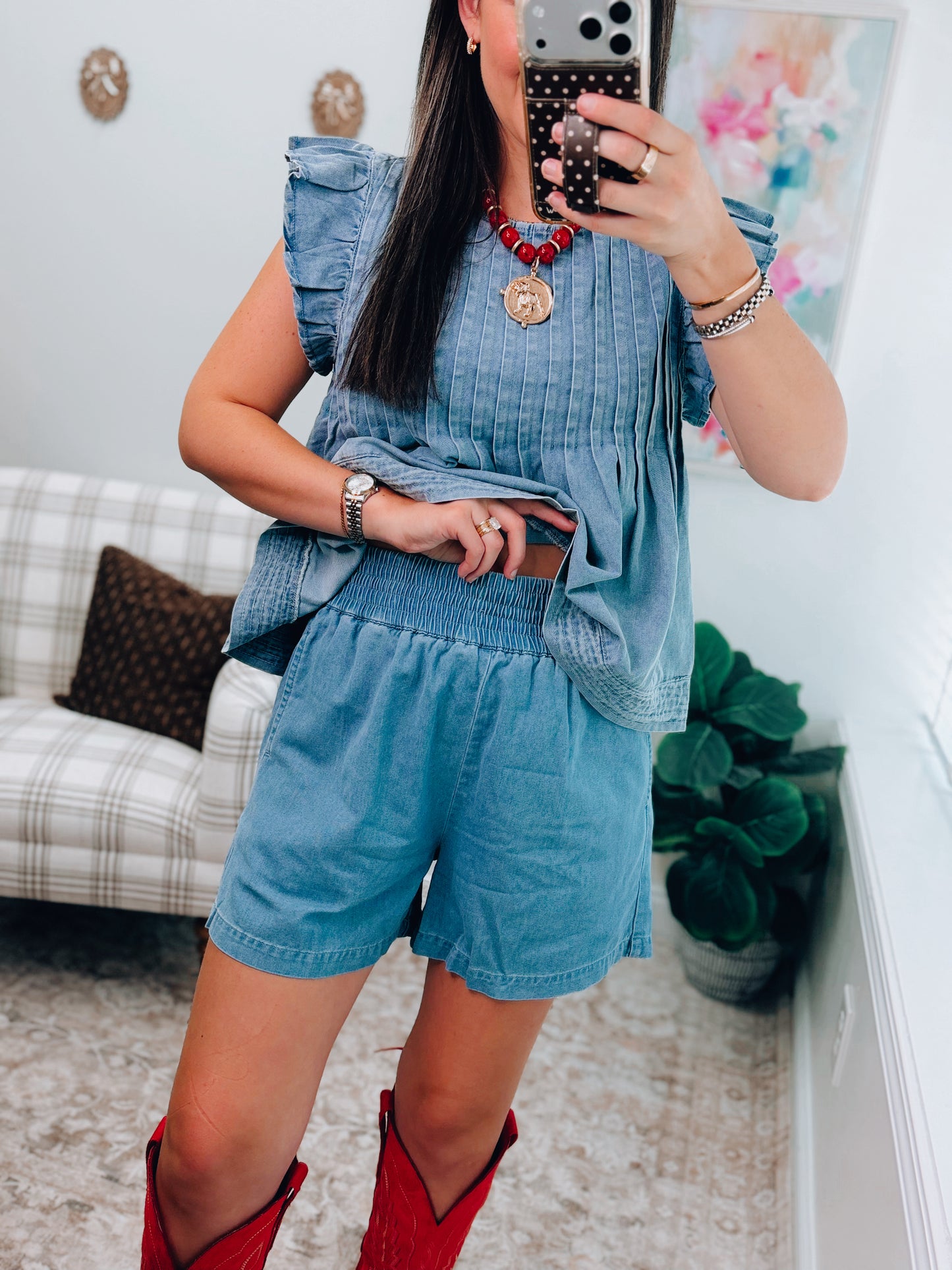 Pleated Denim Shorts Set