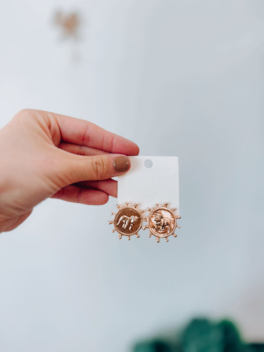 Bulldog Coin Flare Pendant Earrings - Gold