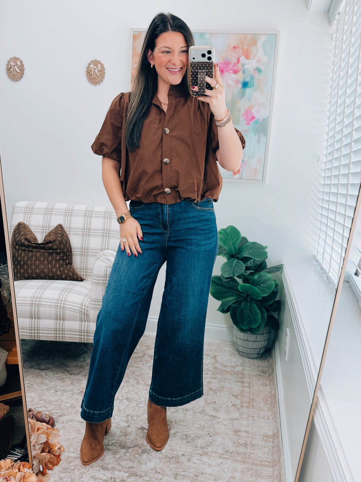 Gracie Button Bubble Hem Top - Brown