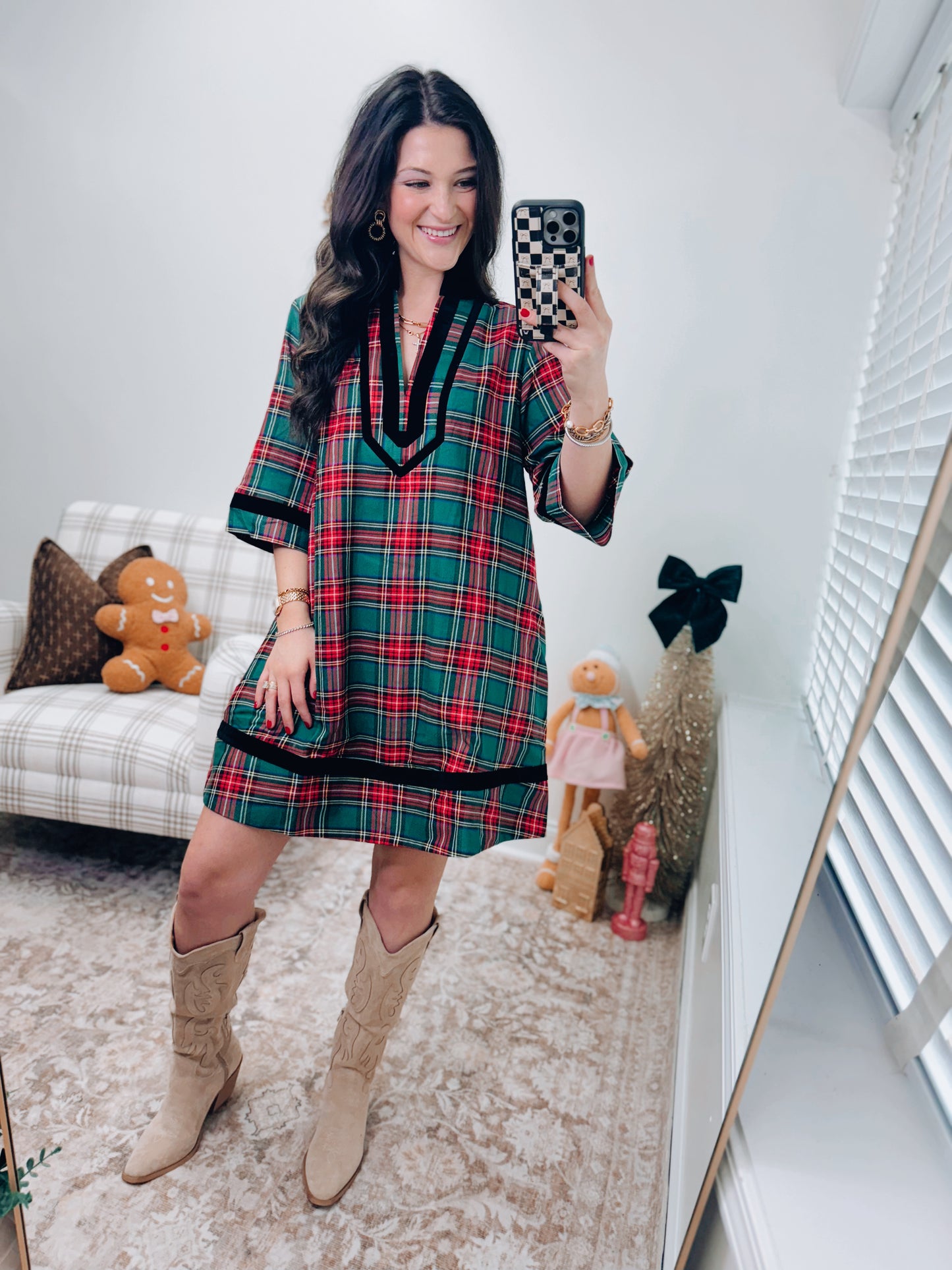 Velvet Green Plaid Mini Dress