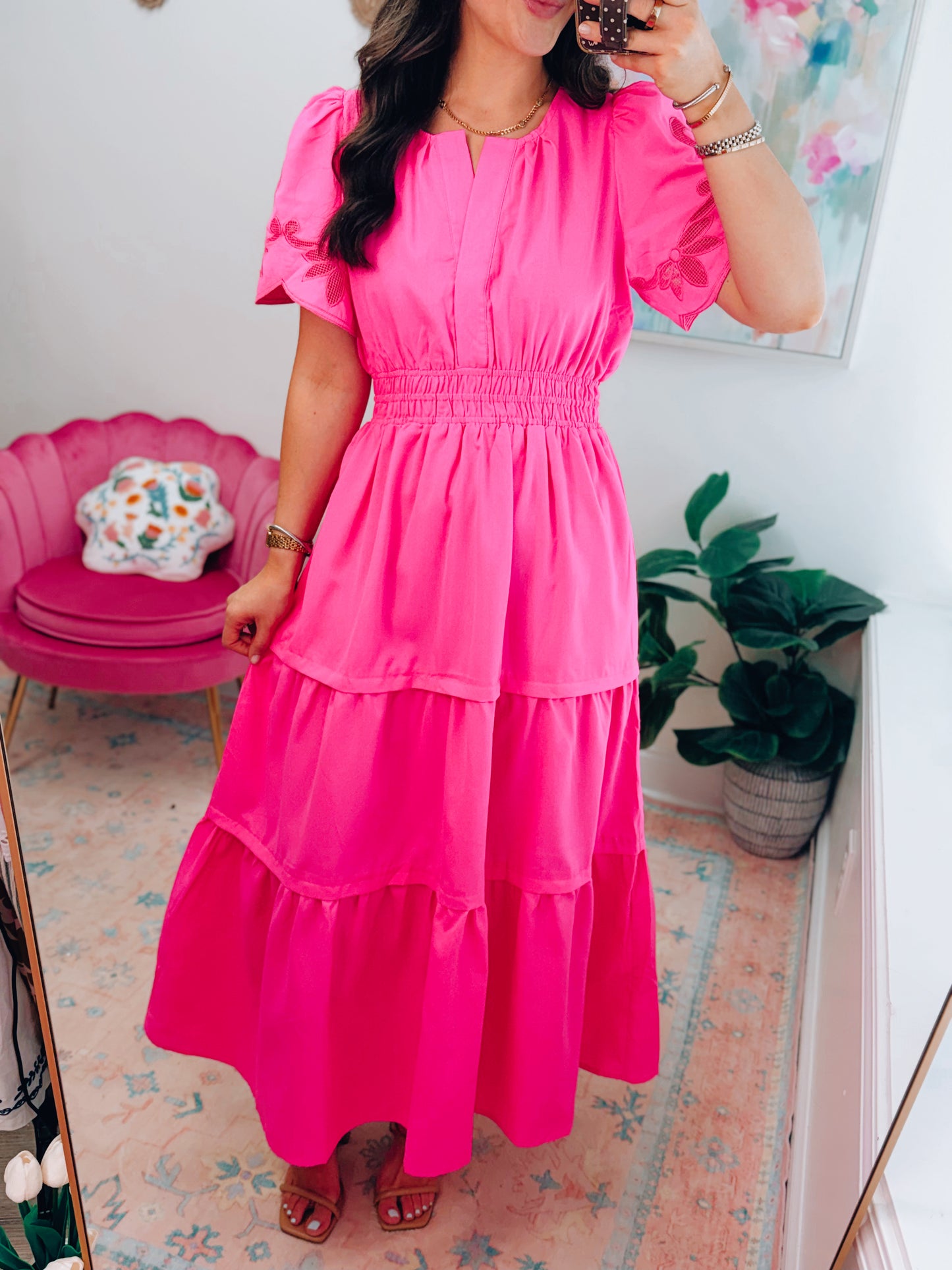 Soleil Hot Pink Smocked Tiered Midi Dress