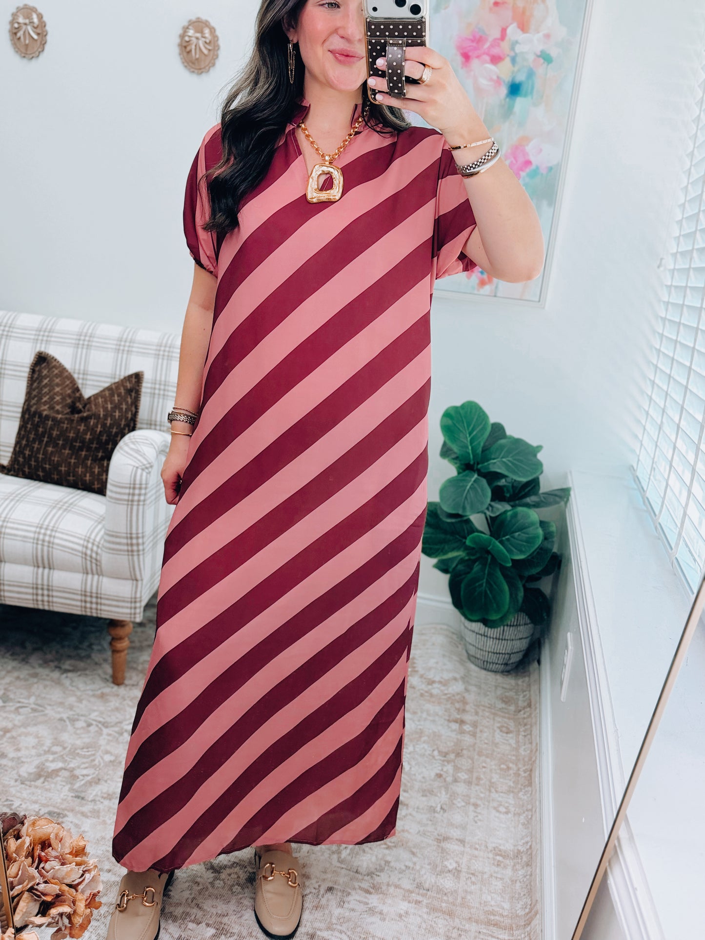 Cranberry Stripe Puff Sleeve Midi Dress