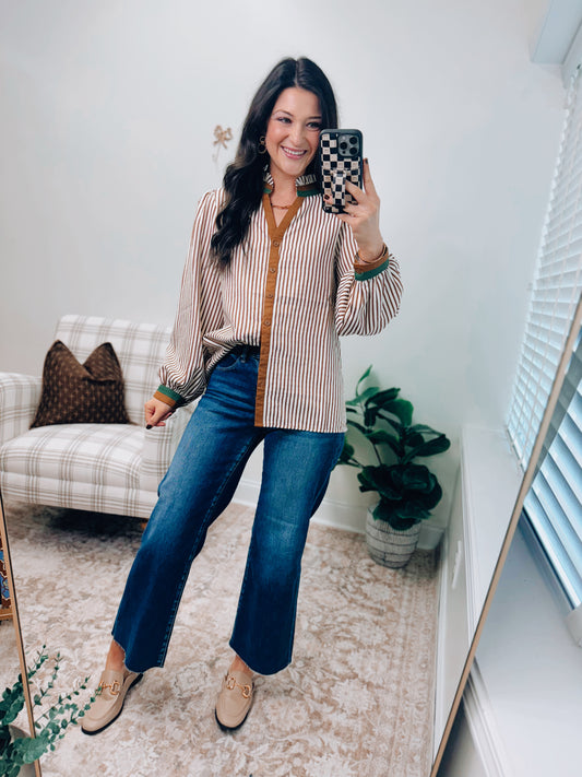 Camel Stripe Colorblock Button Top