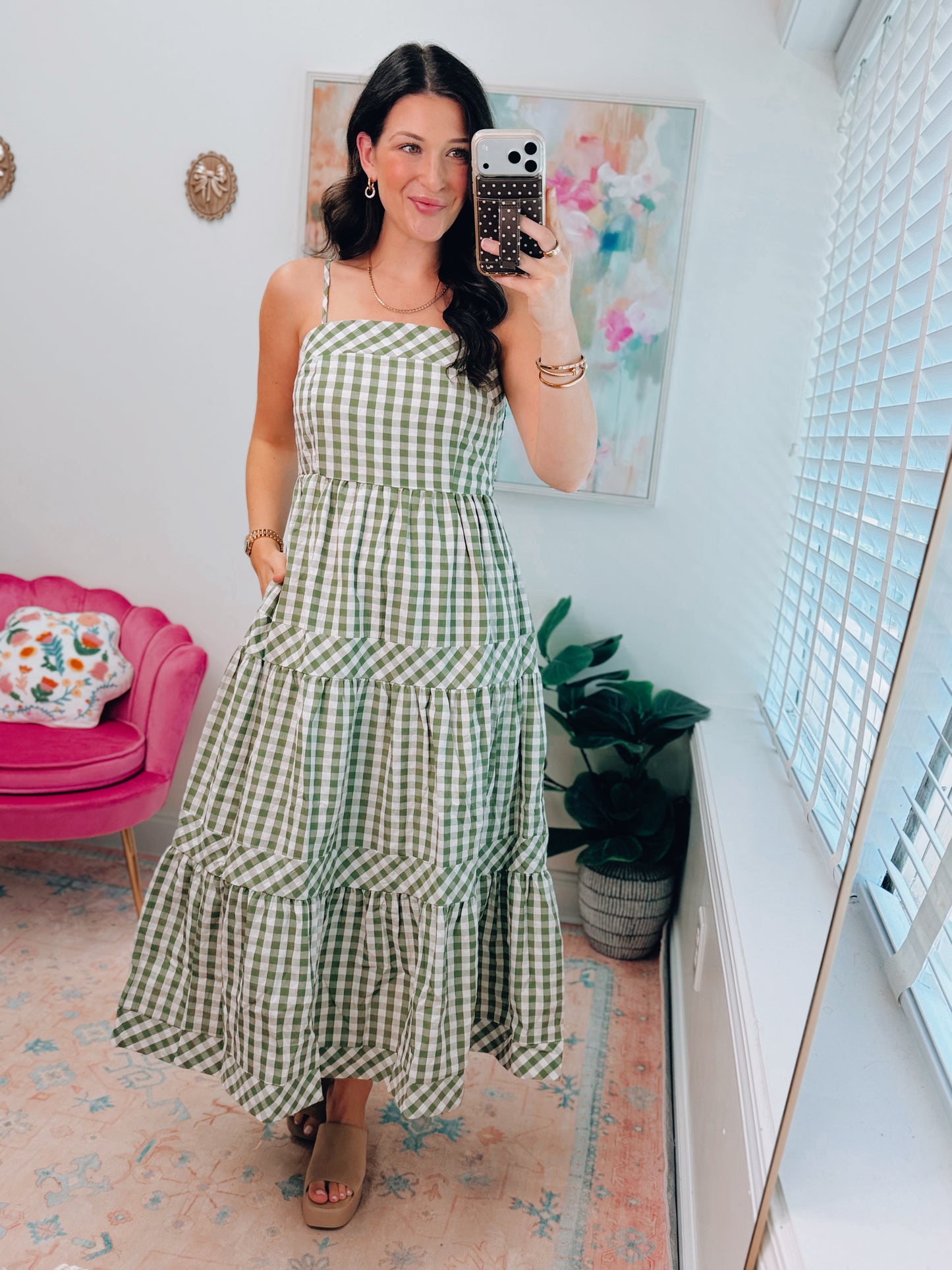 Olive Gingham Tiered Midi Dress